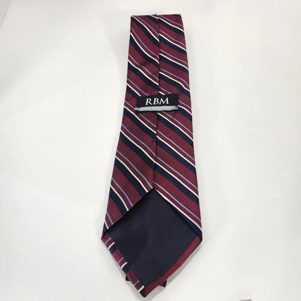 RBM Mens Silk Necktie Burgundy Navy Blue Striped Stain Resistant Made in USA